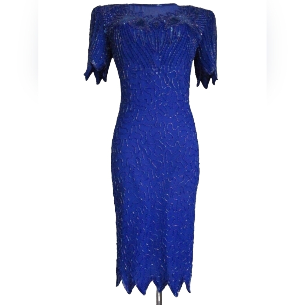 VINTAGE Denise Elle Sequence/Beaded Silk Blue Dress Size L